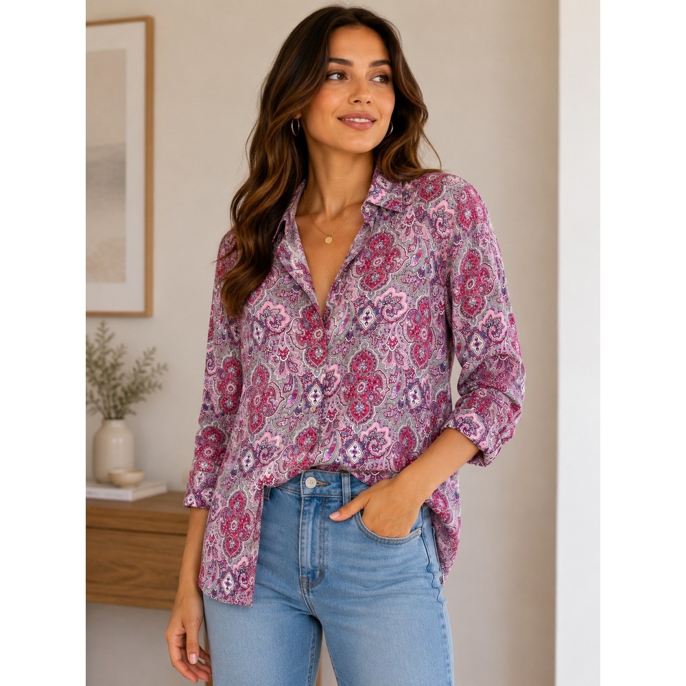 Talbots Woman  Shirt Pink Paisley Wrinkle Resistant Button Down24W‎ Stretch Top